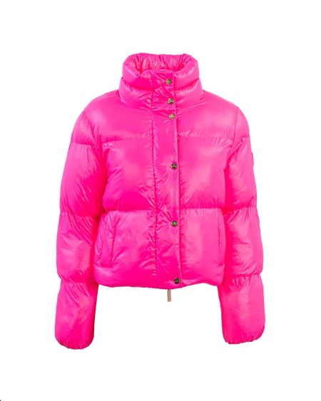 Shop ELISABETTA FRANCHI  Piumino: Elisabetta Franchi piumino crop in vela satin.
Etichetta in tinta gommata.
Zip e bottoni automatici in metallo dorato.
Applicazione di patch logato in tinta.
Composizione: 100% Poliammide.
Fabbricato in Italia.. PI55D36E2-BJ6
